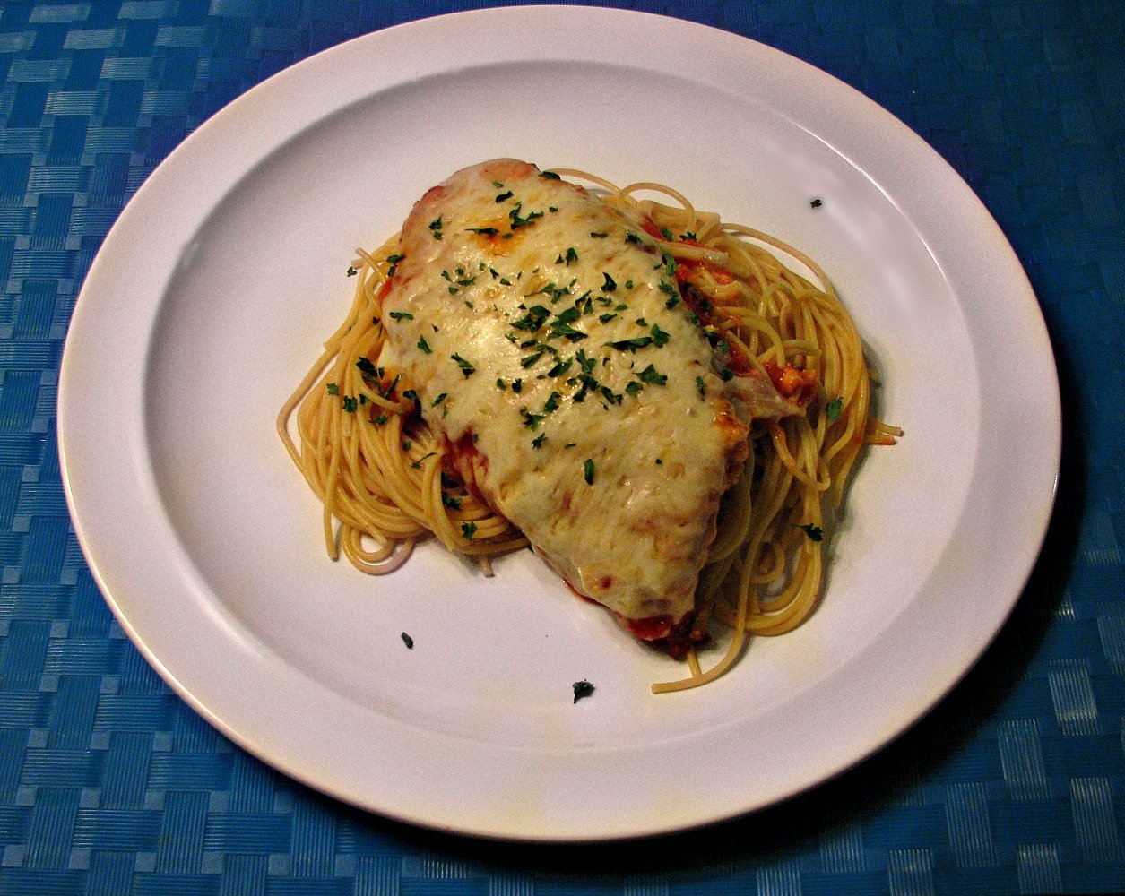 Chicken Parmesean Over Thin Spaghetti