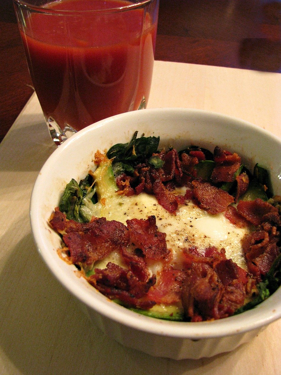 Baked Eggs with Spinach Bacon and Avocado