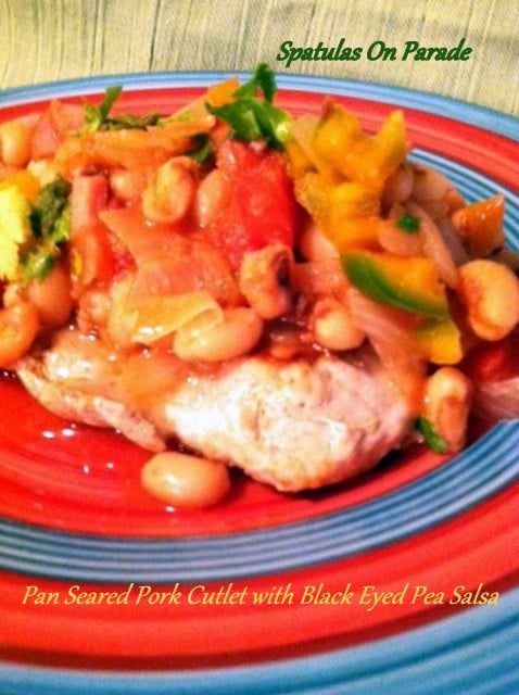 pan seared pork cutlet with black eyed pea salsa #SpatulasOnParade