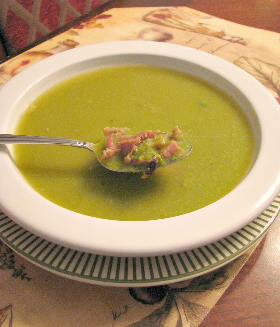 Ham and Pea Soup- Fresh made ham stock and frozen peas are the key to this delicious soup. Great for using up a leftover ham bone! 