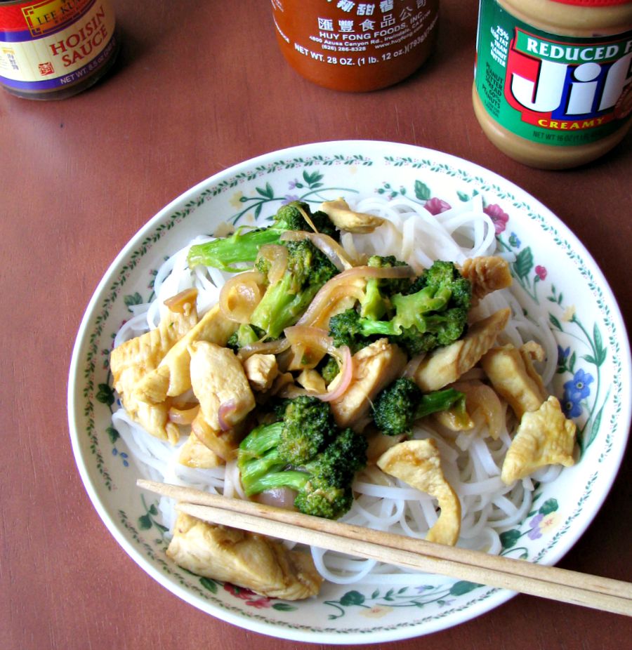 A quick and easy weeknight dinner, this Hoisin Chicken Stir-Fry is made with thin sliced chicken breast strips, broccoli, and onions in a delicious hoisin, peanut butter, and sriracha sauce.