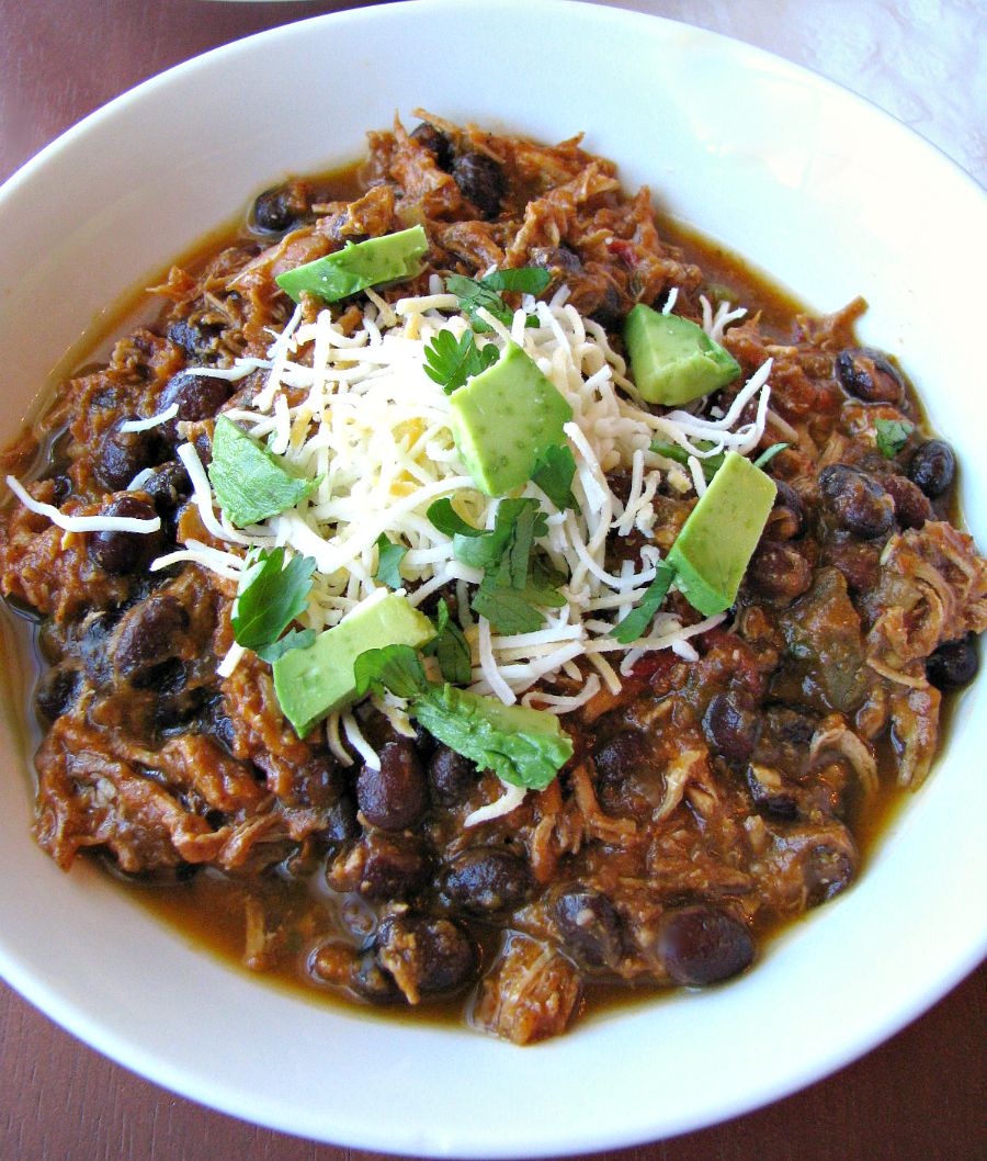 Thick, slightly spicy chicken chili with black beans and pumpkin puree. 
