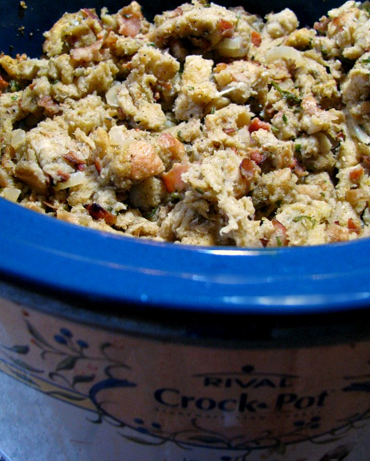 Bacon, Onion, and Sage Stuffing in the slow cooker. 