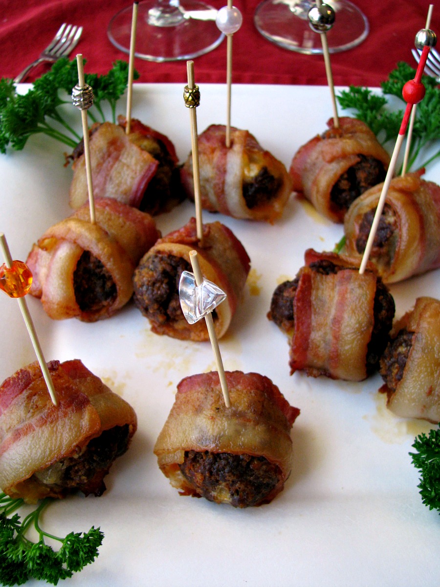 Flavorful Mexican Chorizo meatballs are stuffed with Monterey Jack cheese and wrapped in bacon. A great holiday party food! 