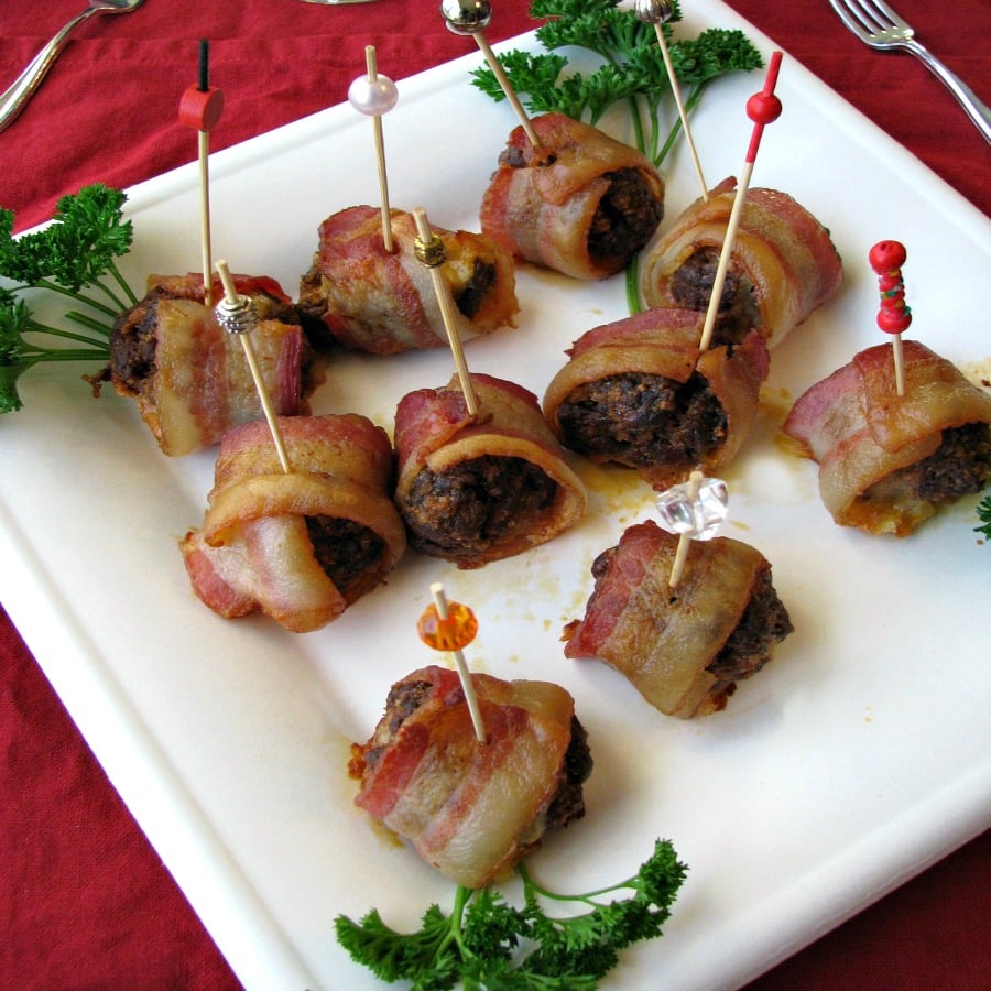 Spicy Chorizo Meatballs stuffed with cheese and then wrapped in maple bacon. These make a great holiday party food!