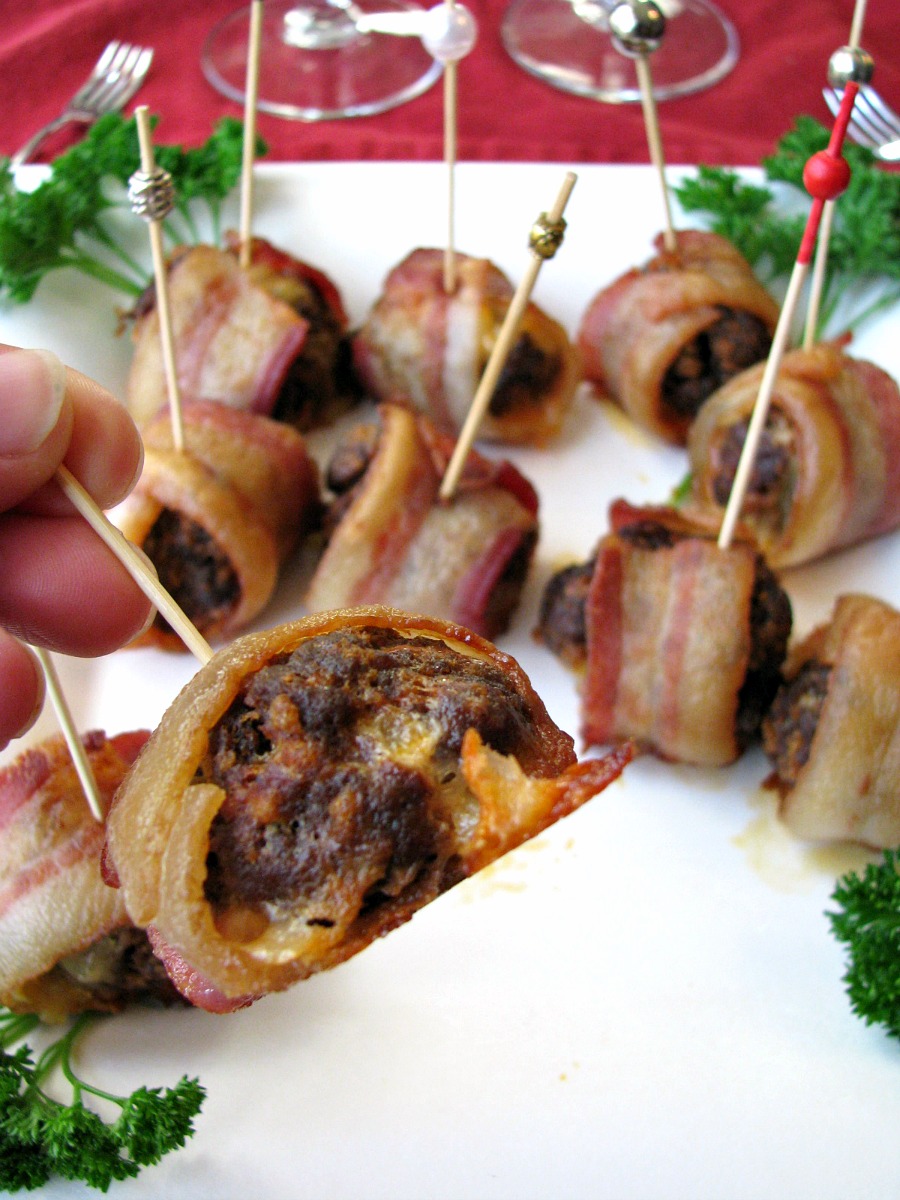Spicy Chorizo Meatballs stuffed with cheese and then wrapped in maple bacon. These make a great holiday party food! 