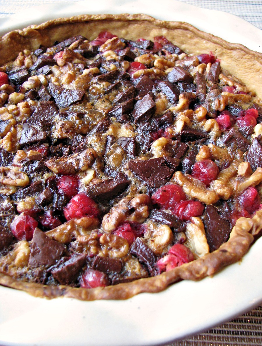 Sweet and tart Chocolate Walnut Cranberry Pie makes a great addition to any holiday table. 