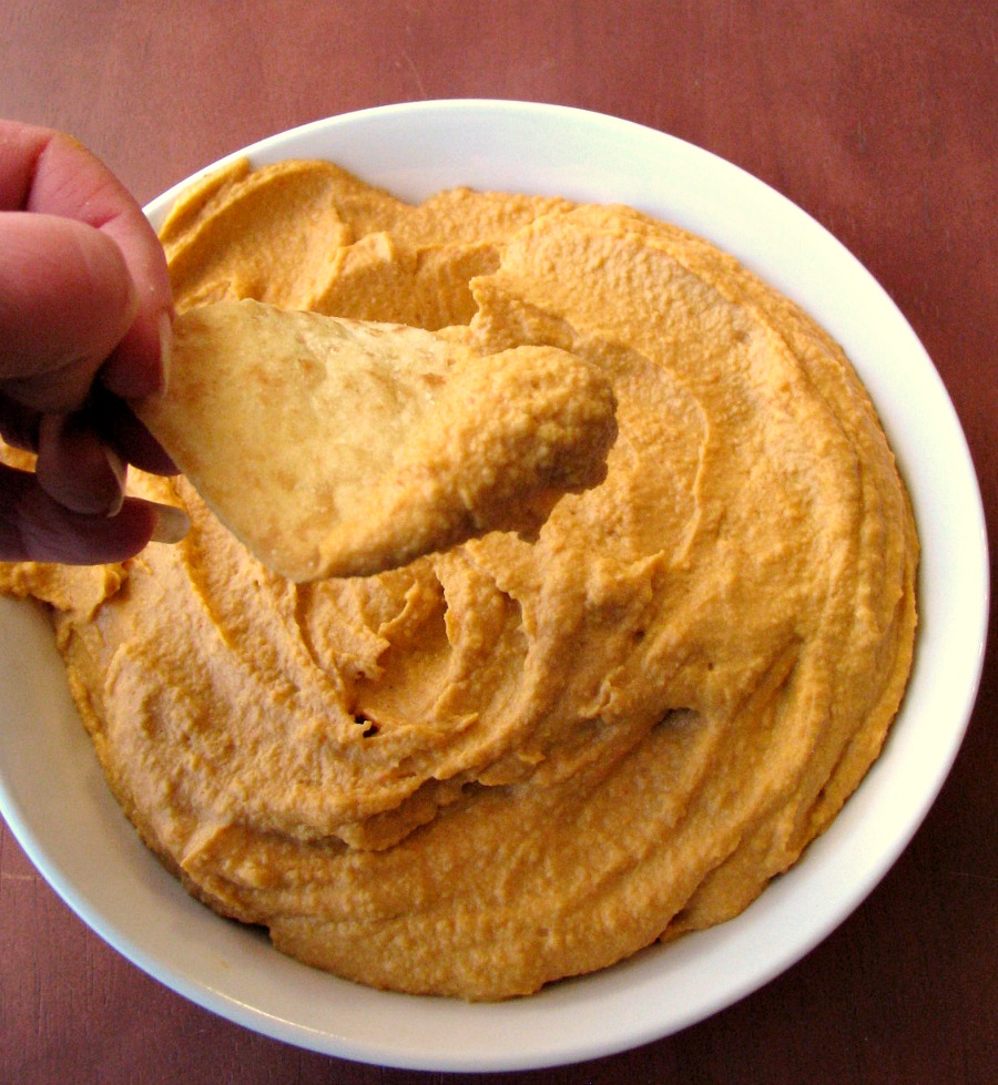 Sweet and Spicy Hummus on a pita chip