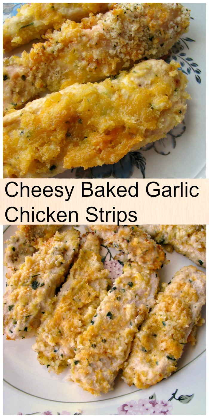 Cheesy Baked Garlic Chicken Strips- Cheesy baked garlic chicken strips, juicy yogurt dipped chicken breast rolled in cheddar and Parmesan and coated with garlic panko bread crumbs.