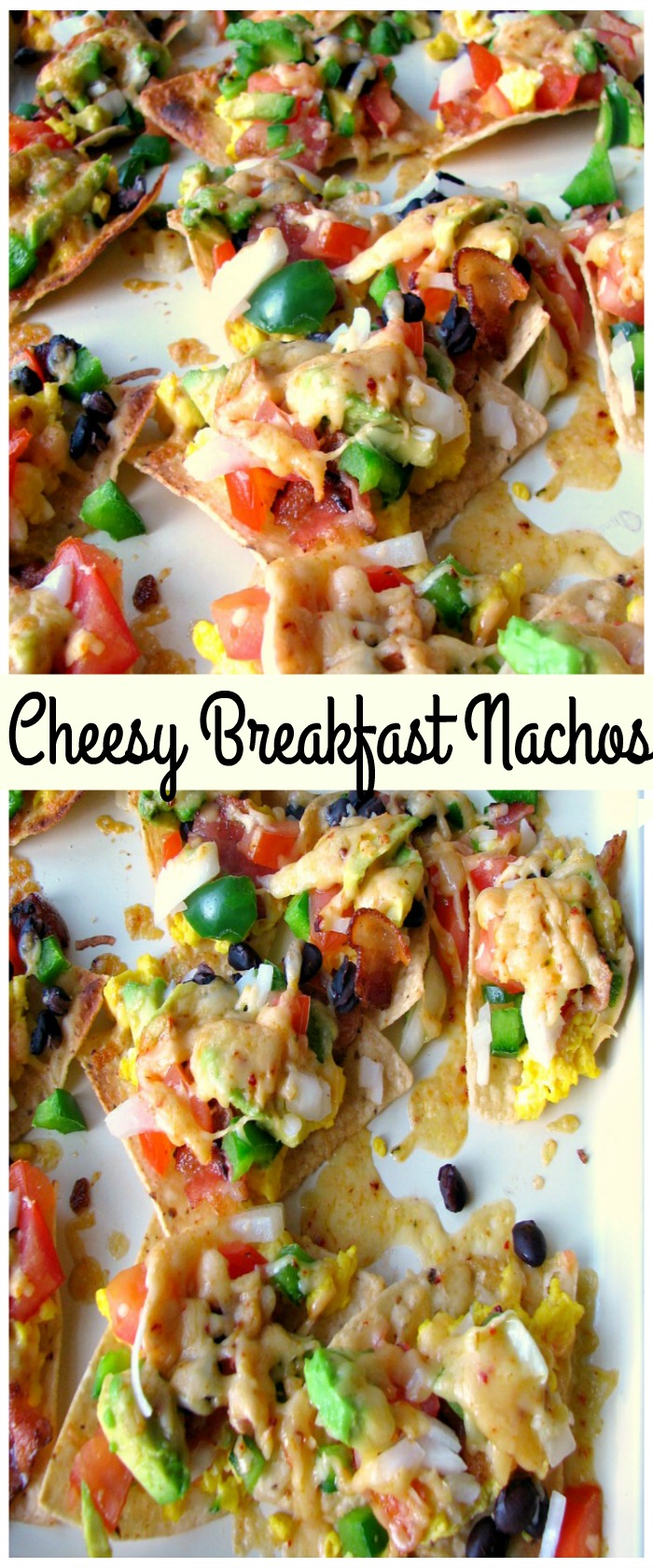 These Cheesy Breakfast Nachos are topped with scrambled eggs, bacon, tomatoes, bell peppers, onions, chipotle cheddar, and black beans. Great for brunch, or a party!