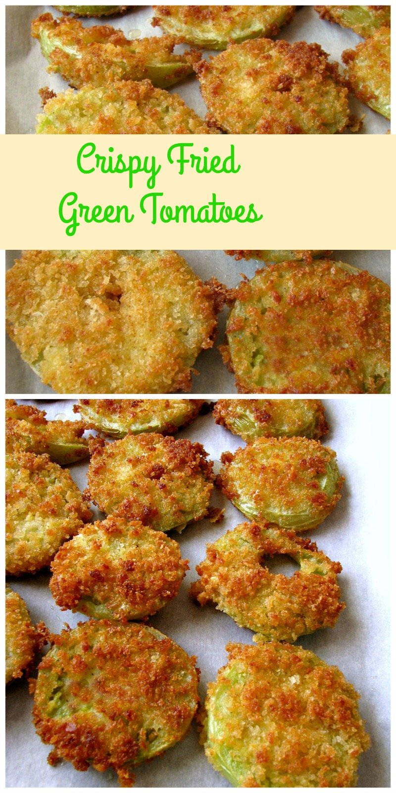 Crispy Fried Green Tomatoes- A summertime favorites, these Crispy Fried Green Tomatoes are made with Panko breakcrumbs mixed with garlic, onion, and a little kick of cayenne pepper.