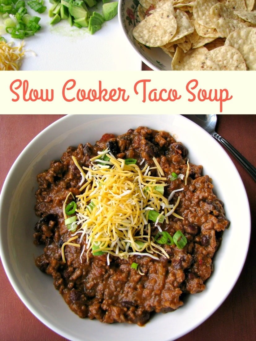 Photo of 5 Ingredient Taco Soup in a white bowl topped with shredded cheese and sliced scallions along with a bowl of tortilla chips