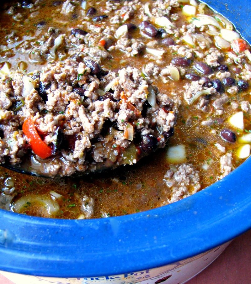Photo of 5 ingredient taco soup in a blue slow cooker