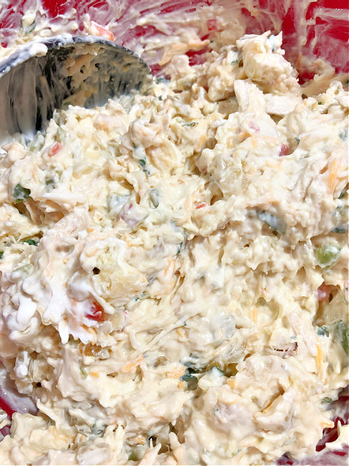 chicken mixed with sour cream cream of chicken soup cheese and onion and pepper mix in a bowl