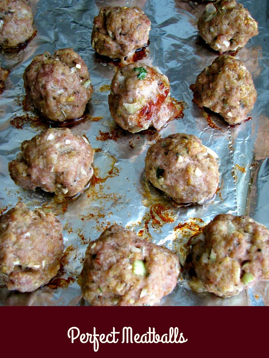 Perfect Meatballs, made with a mixture of ground beef, pork, veal, onions, garlic, and Italian seasonings. They are great on their own, for spaghetti and meatballs, or in a meatball sub. 