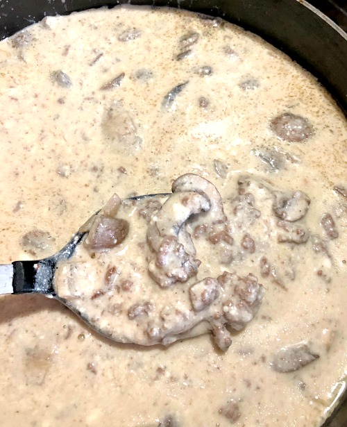 photo of a spoonfull of prepared Easy Beef Stroganoff in the pot 