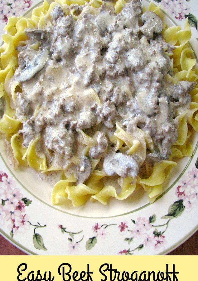 photo of Easy Beef Stroganoff over egg noodles on a white plate with flower trim