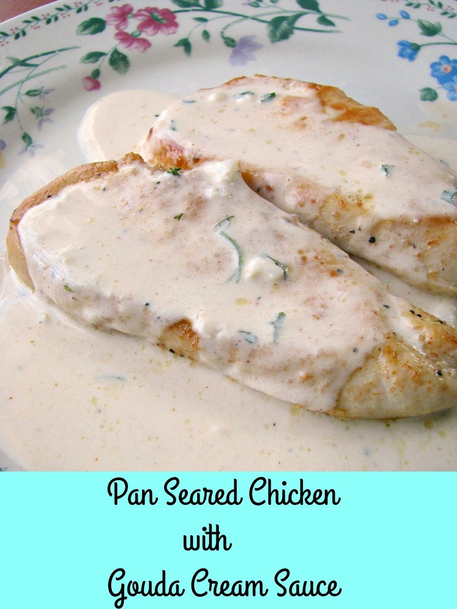 Photo of a plate with two pieces of pan seared chicken topped with gouda cream sauce