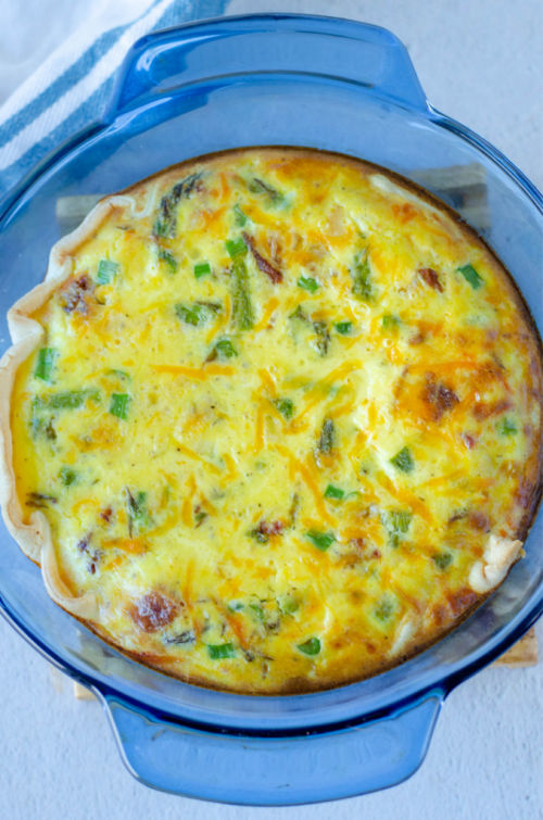 baked whole quiche in a pie pan 