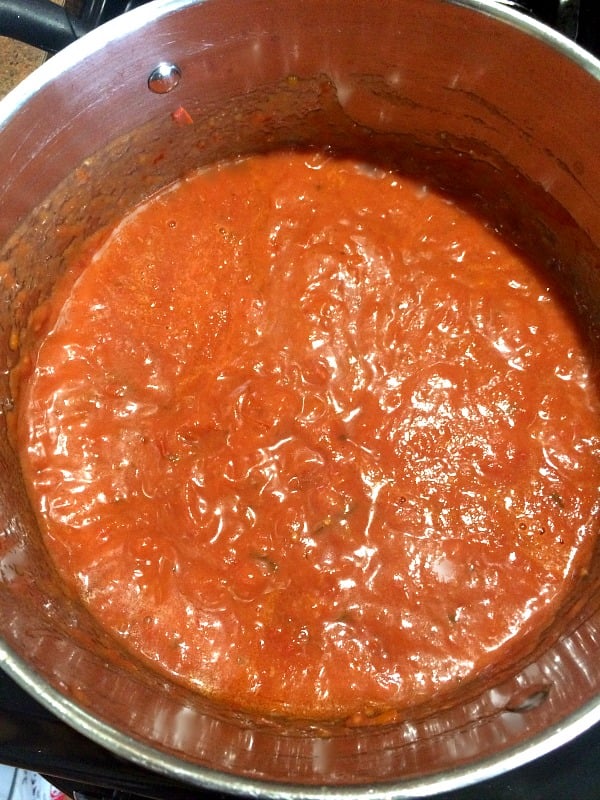 photo of pureed Slow Cooker Marinara Sauce in a large pot. 