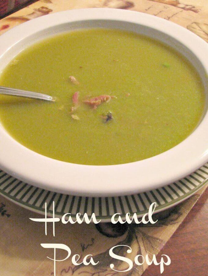 Ham and Pea Soup- Made with a delicious ham stock from a leftover meaty ham bone and frozen peas for vibrate color.