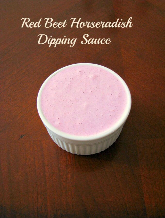 Red Beet Horseradish Dipping Sauce- Perfect for dipping fried shrimp, chicken, or fresh veggies. Creamy, light, with a bit of heat!