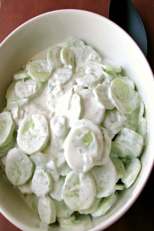 photo of Creamy Cucumber Salad in a white bowl 