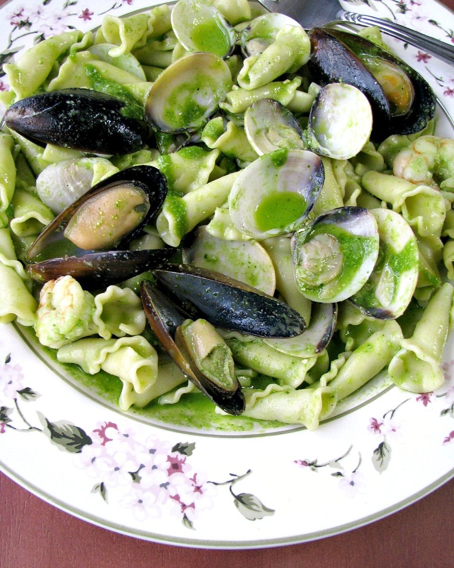 photo of seafood campanelle with clams and mussels over campanelle pasta topped with spinach pesto