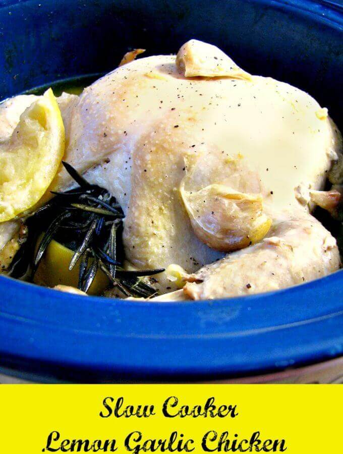 Quick to assemble, full of flavor, Slow Cooker Lemon Garlic Chicken, a whole roasted chicken made with fresh garlic, lemons, herbs, and butter. This is a slow cooker recipe perfect for busy families!