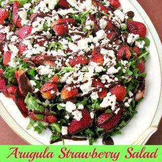 With crisp arugula, sweet strawberries, crumbled goat cheese, and a homemade chocolate balsamic vinaigrette, Arugula Strawberry Salad with Chocolate Vinaigrette is perfect for Easter dinner.