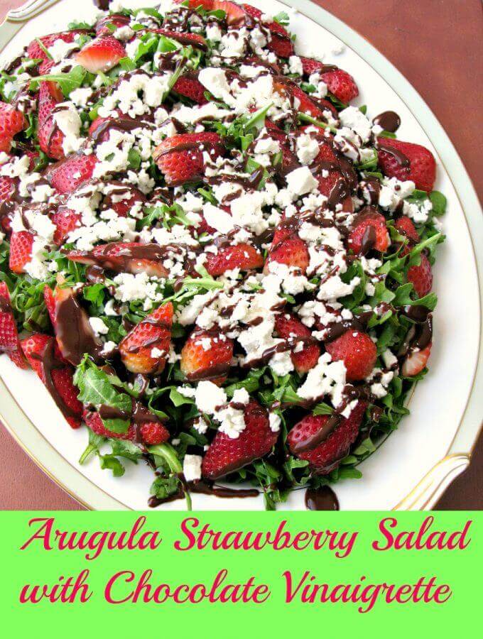 With crisp arugula, sweet strawberries, crumbled goat cheese, and a homemade chocolate balsamic vinaigrette, Arugula Strawberry Salad with Chocolate Vinaigrette is perfect for Easter dinner.