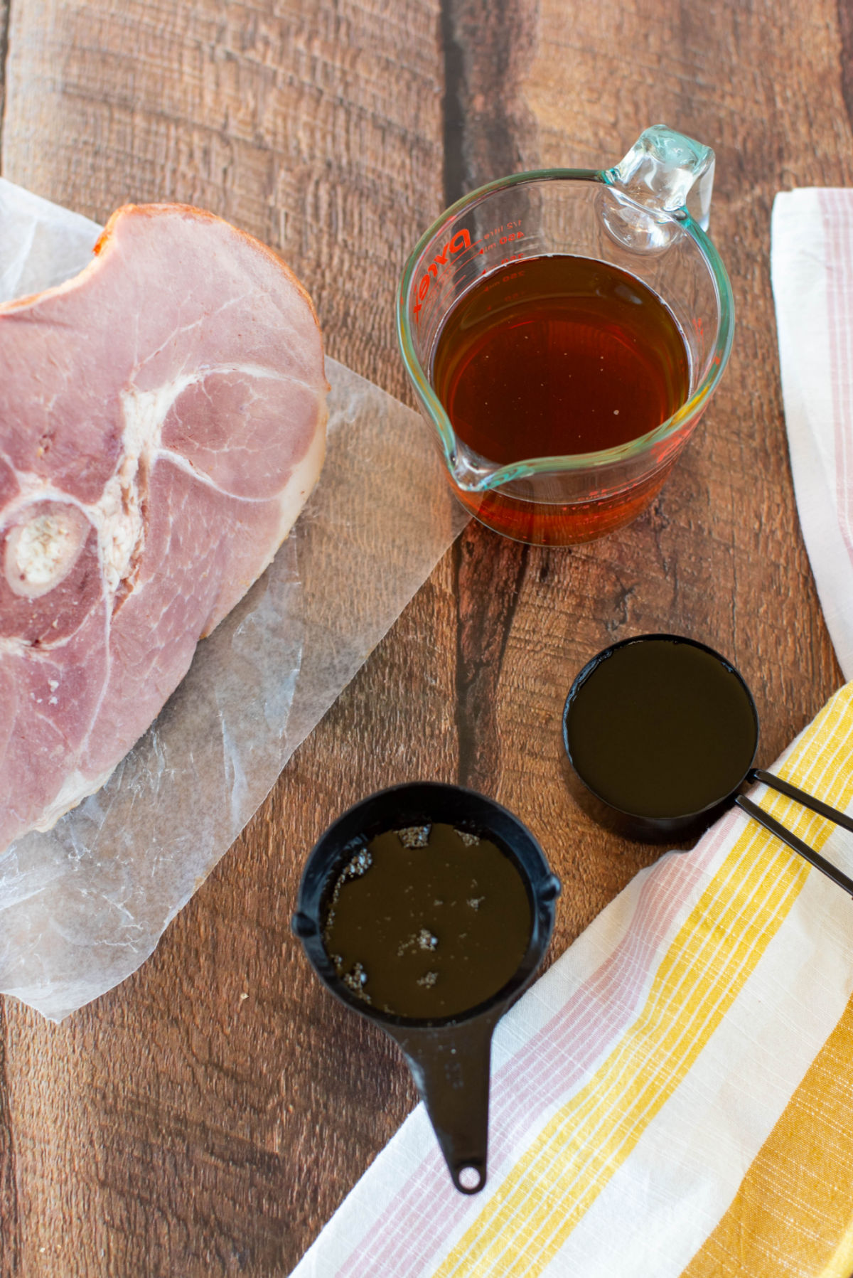 ingredients for ham on a wooden counter