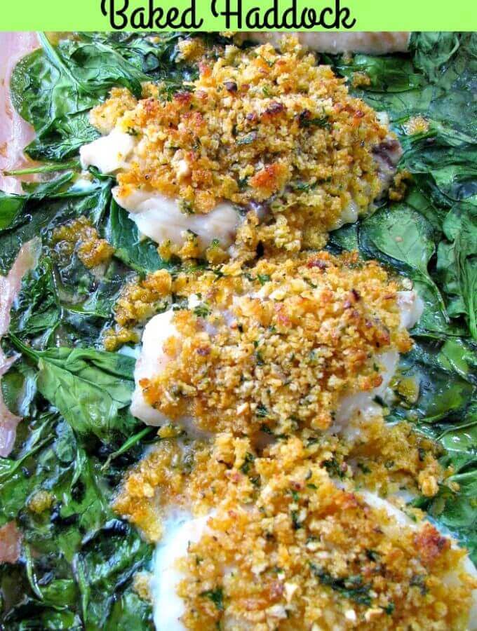 Italian Panko Baked Haddock made with buttery, seasoned, crispy panko breadcrumbs, baked on a bed of spinach and served with rice. Ready to eat in 30 minutes!