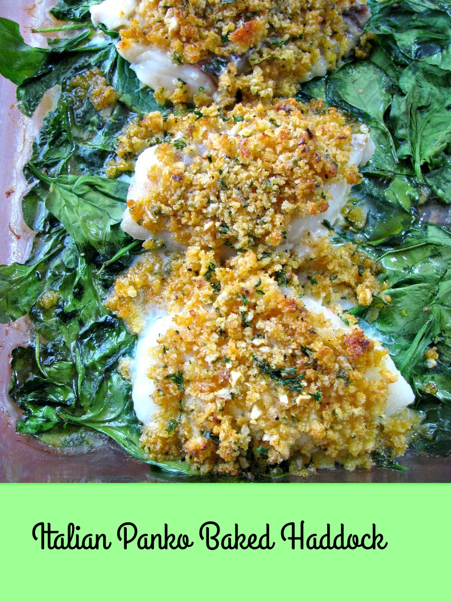 Italian Panko Baked Haddock made with buttery, seasoned, crispy panko breadcrumbs, baked on a bed of spinach and served with rice. Ready to eat in 30 minutes!