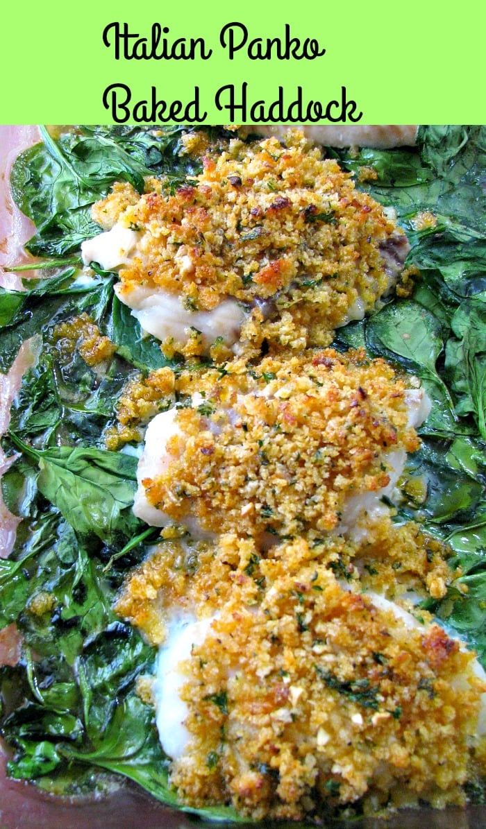 Italian Panko Baked Haddock made with buttery, seasoned, crispy panko breadcrumbs, baked on a bed of spinach and served with rice. Ready to eat in 30 minutes! 