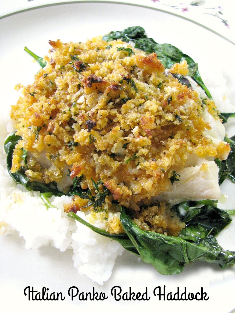 Italian Panko Baked Haddock made with buttery, seasoned, crispy panko breadcrumbs, baked on a bed of spinach and served with rice. Ready to eat in 30 minutes! 