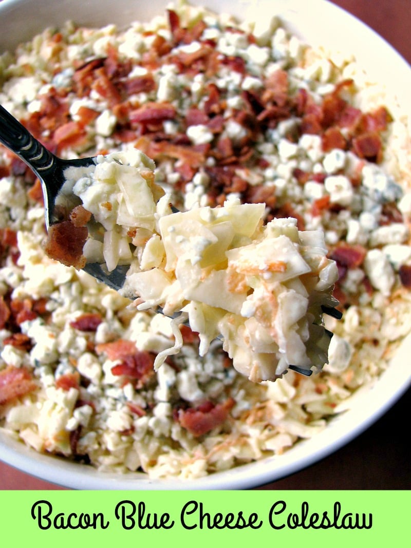 Bacon Blue Cheese Coleslaw, made with fresh cabbage, carrots, blue cheese crumbles, and crispy bacon, is the perfect salad for all of your summer cookouts.