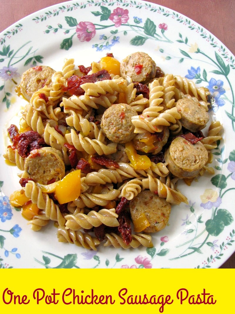 Quick and easy One Pot Chicken Sausage Pasta made with precooked chicken sausage, bell peppers, onions, and sun dried tomatoes makes a great weeknight summertime dinner.