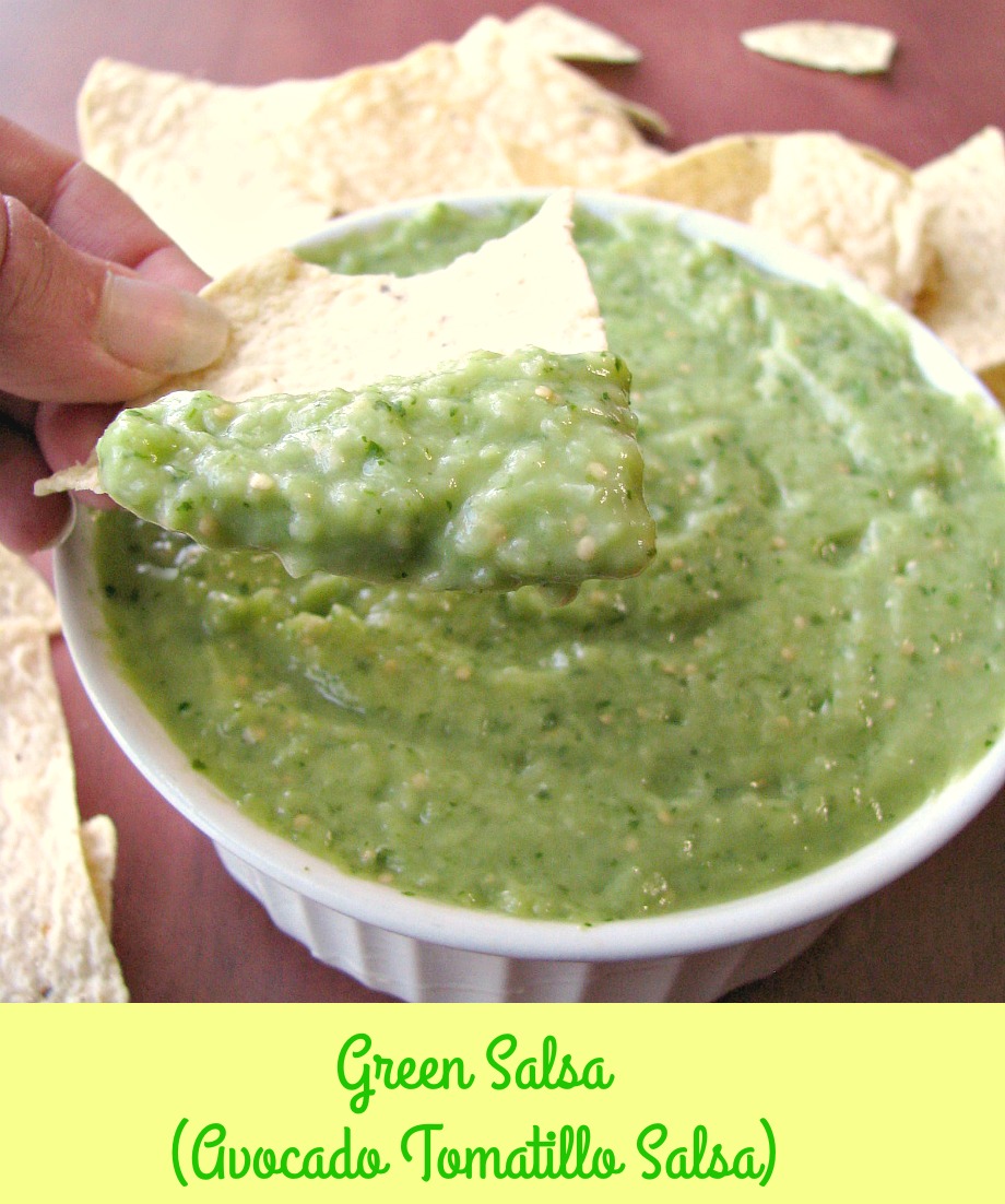 Smooth, spicy Green Salsa (Avocado Tomatillo Salsa) makes a great topping for tacos or chicken, or as a dip for tortilla chips.