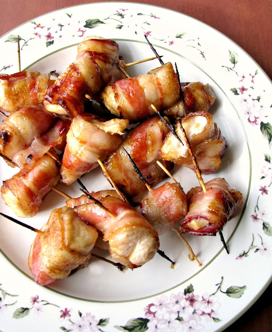 Photo of Brown Sugar Bacon Wrapped Chicken Bites on a plate