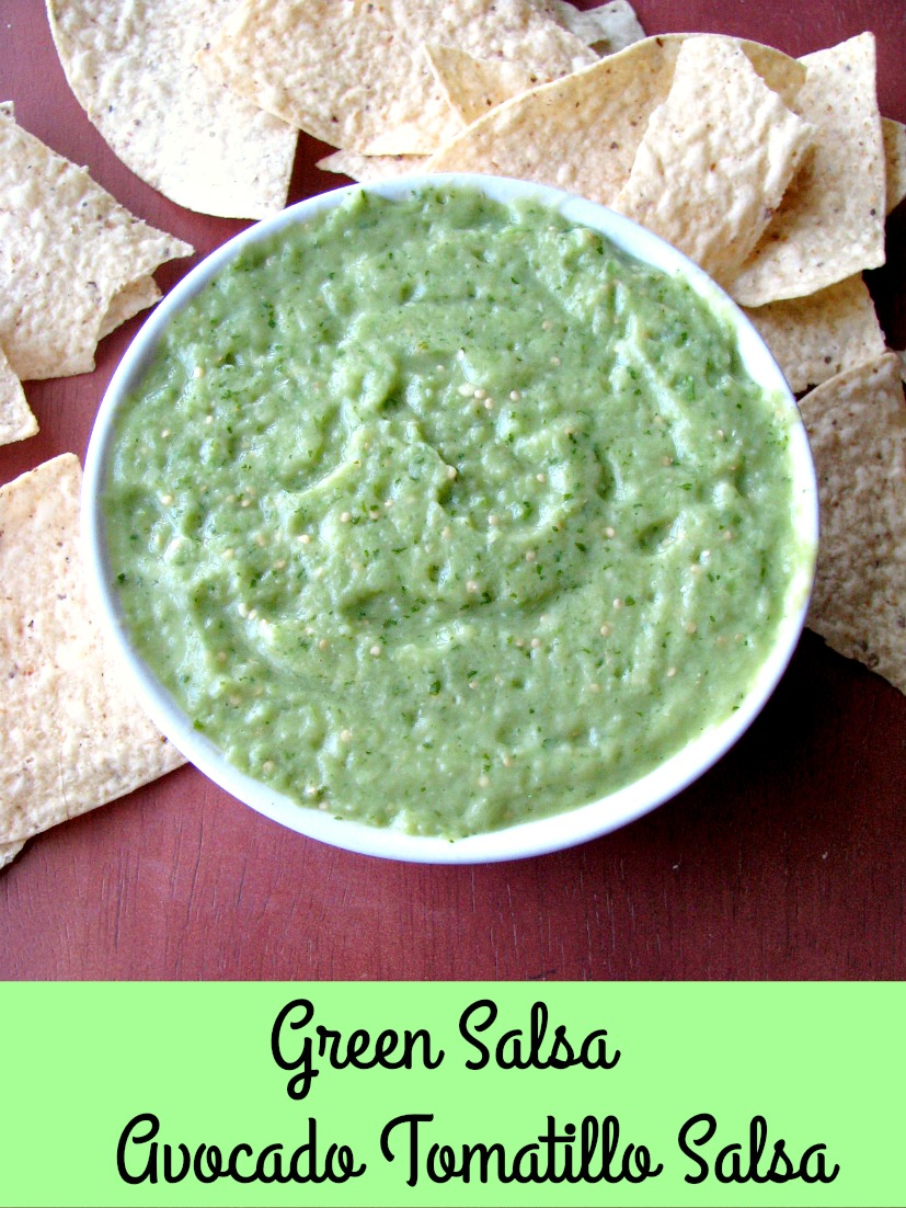 Smooth, spicy Green Salsa (Avocado Tomatillo Salsa) makes a great topping for tacos or chicken, or as a dip for tortilla chips. 