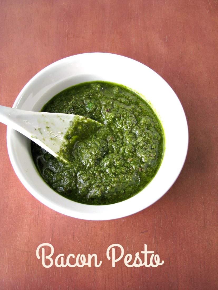Homemade Bacon Pesto, with fresh basil and crispy bacon, makes a great topping for chicken or pasta, spread for pizza, or use it as a dip for crusty bread.
