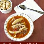 A favorite childhood soup, Noodles & Ground Beef Soup (Campbell's Copycat Recipe) is filled with three kinds of noodles, ground beef, finely diced carrots, and green peppers in a flavorful beef broth. 