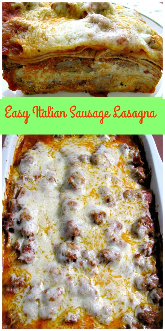 Collage photograph of easy Italian Sausage Lasagna, sliced and plated on the top of photo, and fully baked in the pan below.