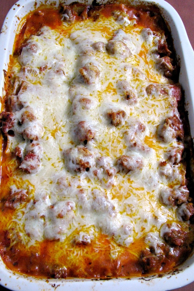 Overhead photo of baked Easy Italian Sausage Lasagna 