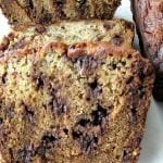Close up picture of sliced chocolate chip banana bread