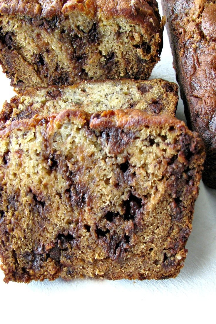 Close up picture of sliced chocolate chip banana bread