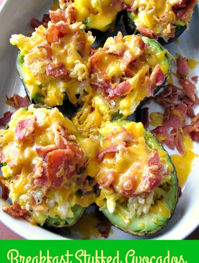 Photo of baked Breakfast Stuffed Avocados in a white baking dish
