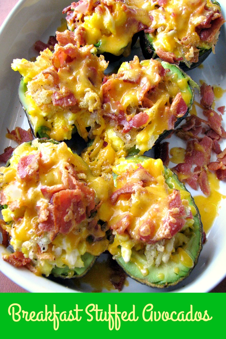 Photo of baked Breakfast Stuffed Avocados in a white baking dish 