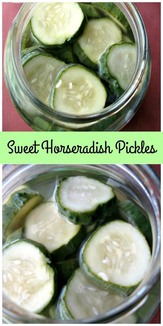 Collage photo of Sweet Horseradish Pickles in a glass jars on a wood table with pickling cucumbers and chopped horseradish in a small bowl